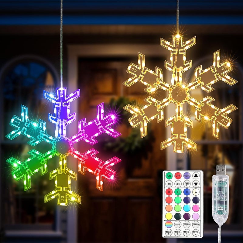 ODEETRONIC Snowflake Window Silhouette Lights, 2 Packs 12" Folding RGB Christmas Window Hanging Lights with Remote, 61 Mode Color Changing Christmas Snowflakes Light for Xmas Indoor Outdoor Eave Decor - Image 1